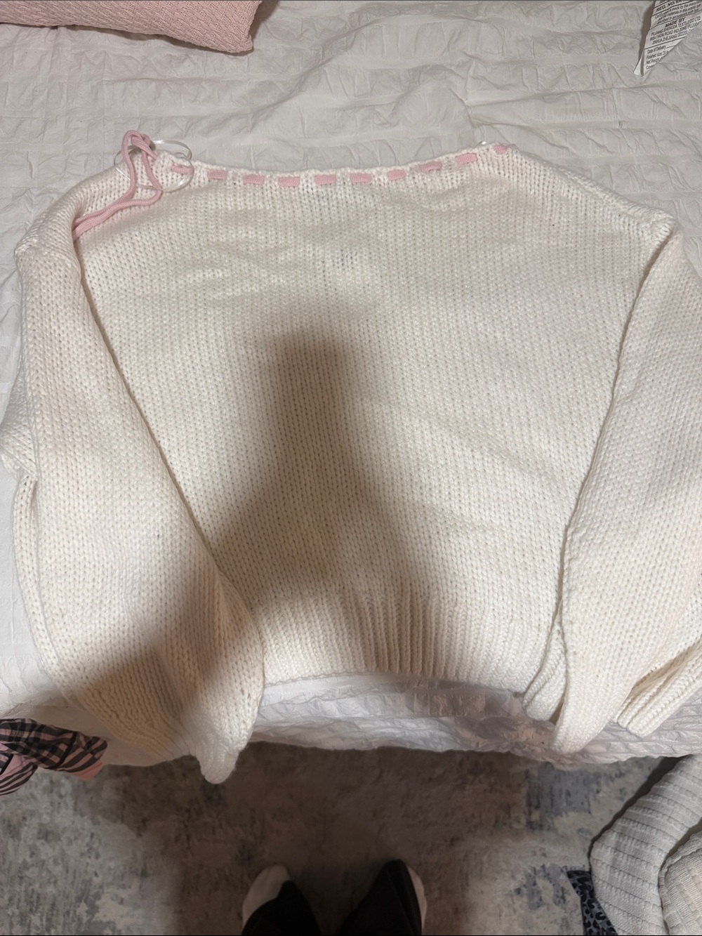 Hollister Cream Knit Crewneck Sweater with Pink Trim